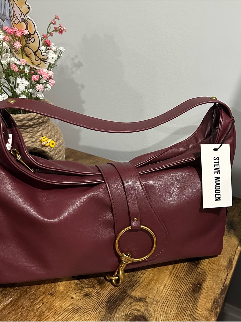 Steve Madden Wine Leather Shoulder Bag with Gold Ring Detail